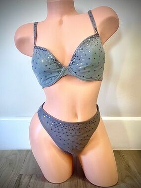 Vintage Victoria’s Secret grey mesh sequinned bra 36C thong L NWOT deadstock y2k